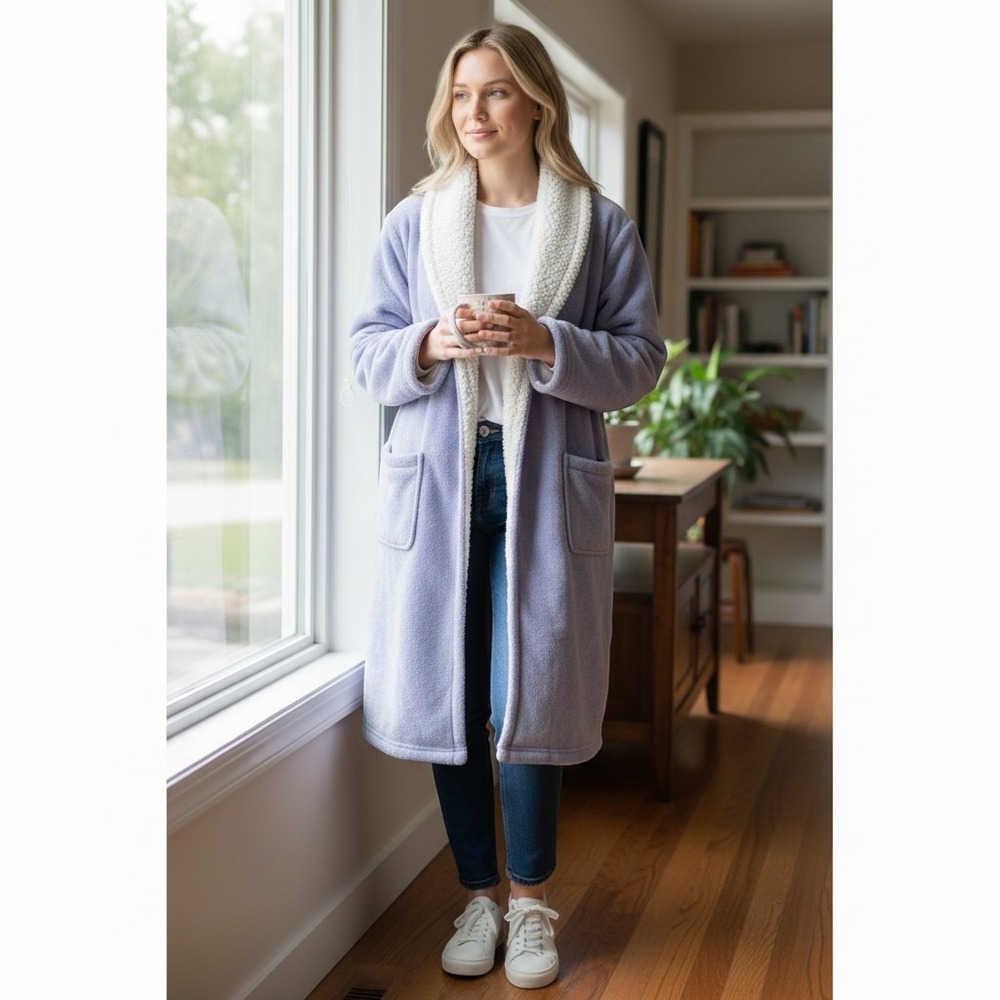 Hue Purple Fleece Lounge Cardigan Robe Housecoat Open Front Womens S/M cozycore